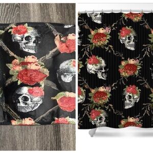 Sugar Skull Black/Red Shower Curtain & Memory Foam Bathmat Antique Rose Set, New